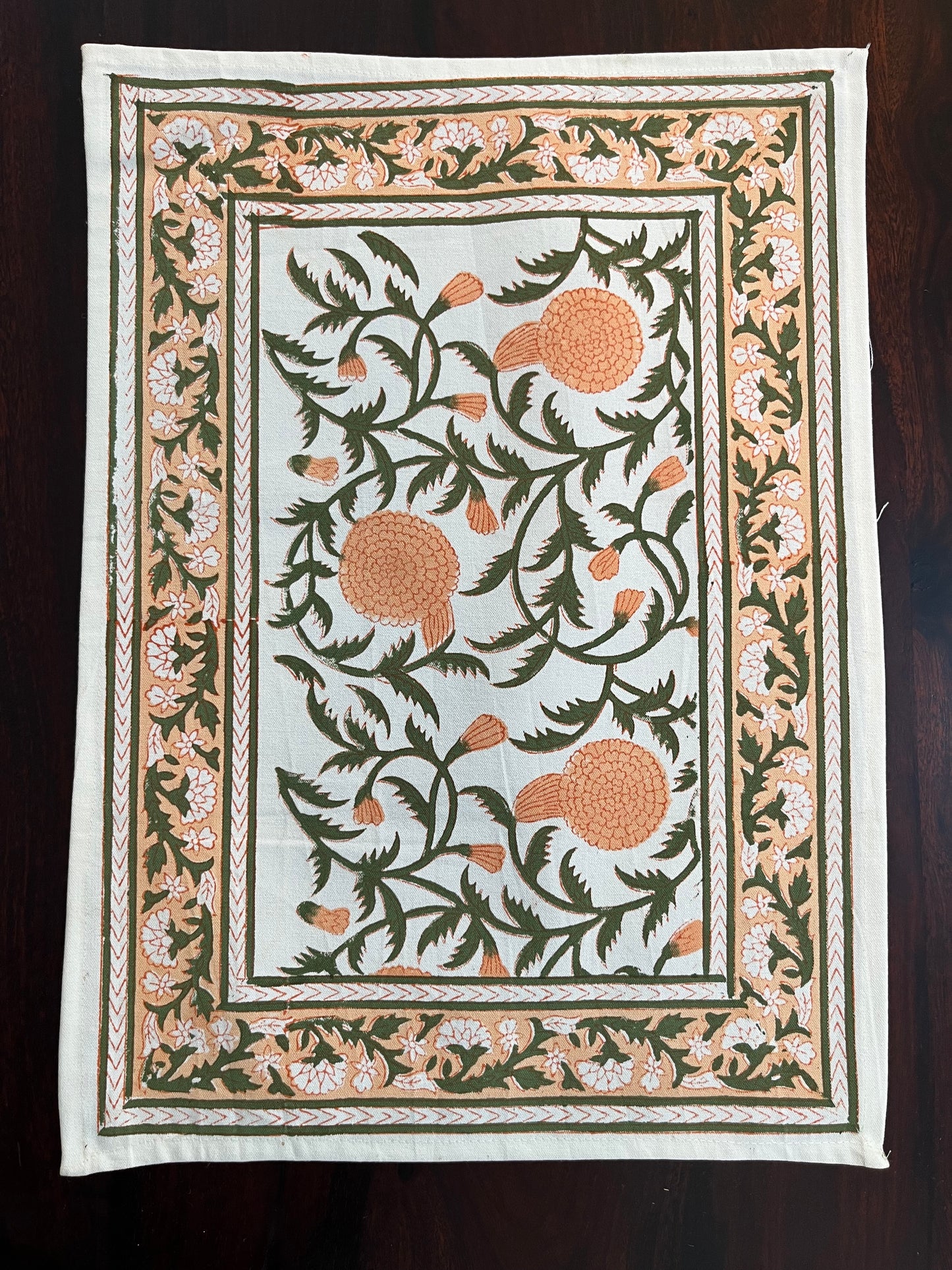 Set of 6 cotton placemats featuring a peach and forest green floral design, perfect for elegant table settings