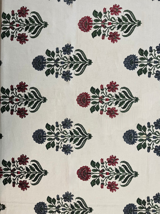 Close-up of floral block print tablecloth showcasing intricate burgundy and forest green motifs on a soft cotton fabric