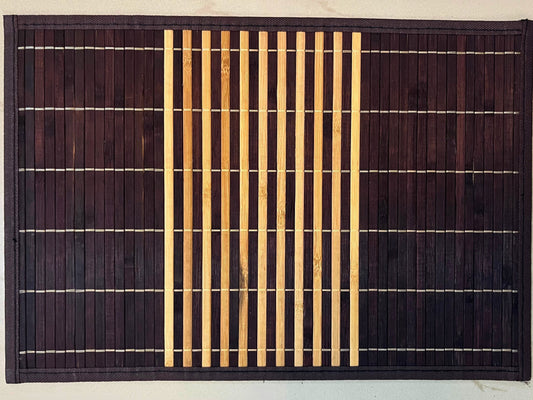 Set of 6 bamboo placemats featuring dark brown and natural horizontal stripes, perfect for an eco-friendly and stylish table setting