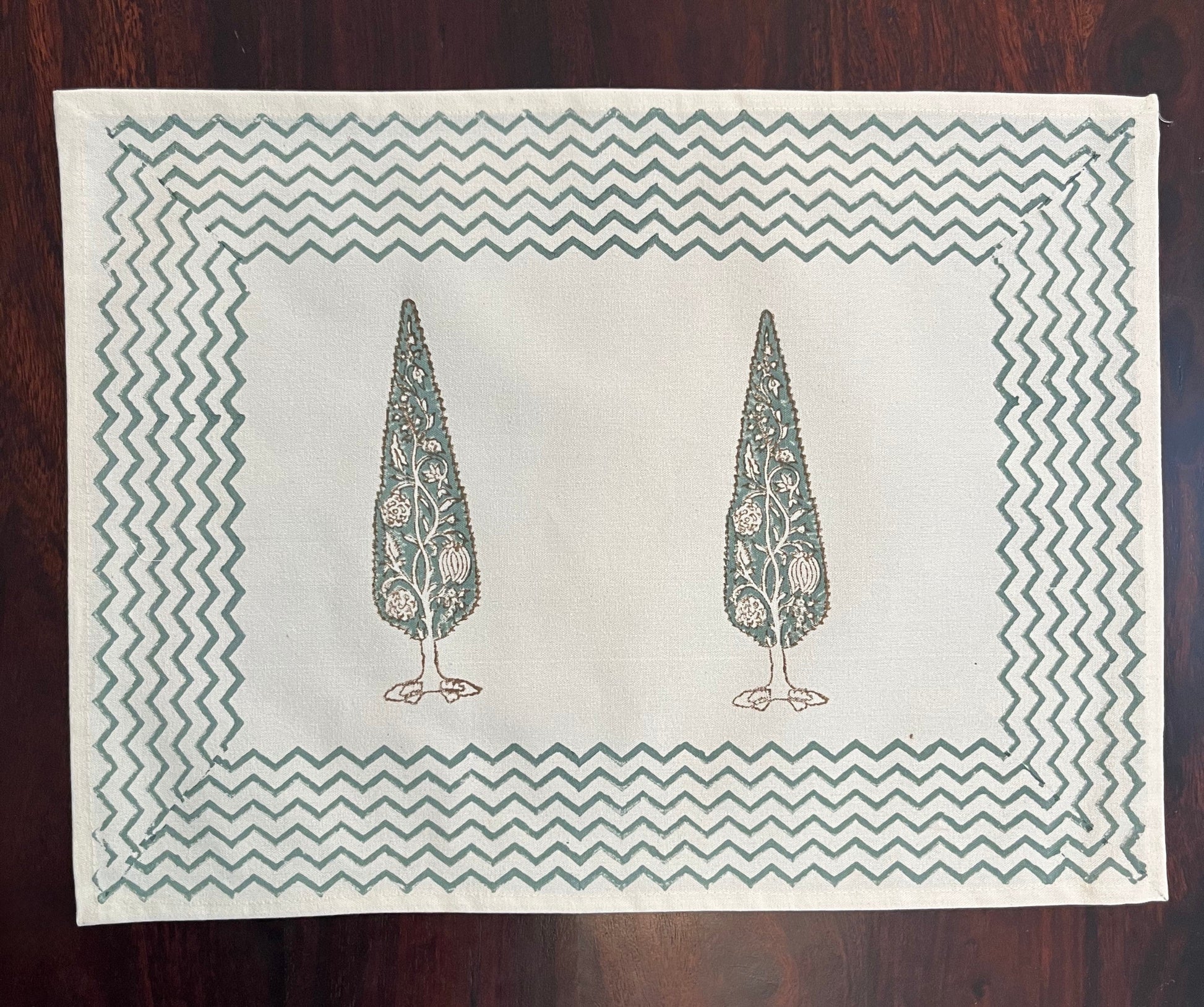 Set of 6 block-printed table mats featuring an elegant cypress tree motif, perfect for traditional and modern dining setups