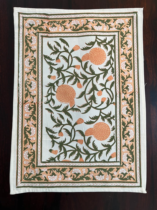 Set of 6 cotton placemats featuring a peach and forest green floral design, perfect for elegant table settings
