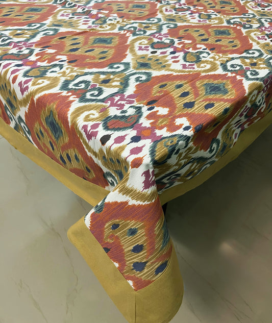 Decorative dining tablecloth with an Ikat pattern, gold border, and a modern boho design