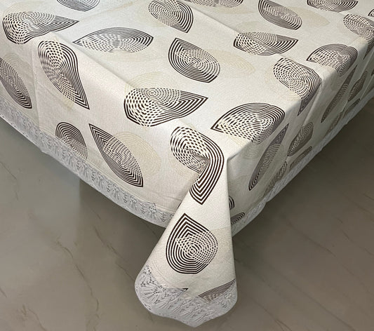 Elegant PVC dining tablecloth with a geometric pattern, lace border, and a modern golden, white, and brown design