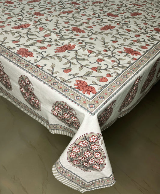 Traditional Indian floral block print dining cotton tablecloth with coral and grey motifs and a decorative border pattern