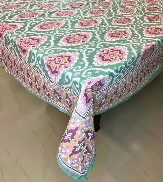 Elegant 6-seater decorative dining table cover with Ikat print in green and purple floral design