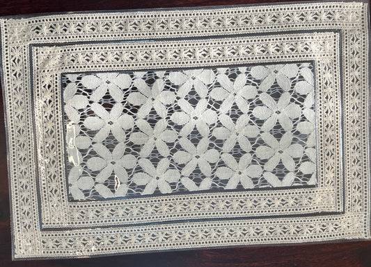 Set of 6 laminated lace table mats featuring an elegant floral beige design for a classic dining setup