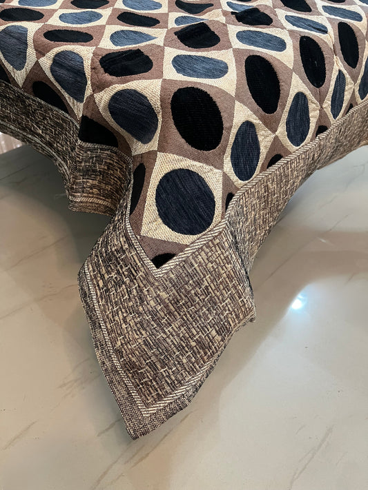 Premium jacquard table cover in navy blue and brown with an elegant polka dot design, perfect for stylish dining spaces