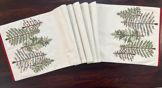 Close-up of embroidered table runner showcasing a decorative pine pattern with red berries on a cream background with red trim